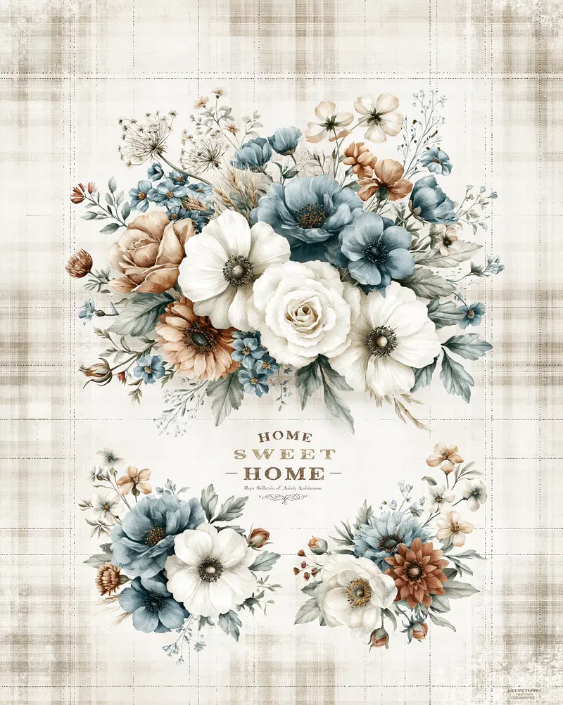 Elegant vintage floral arrangements with soft blue and beige tones