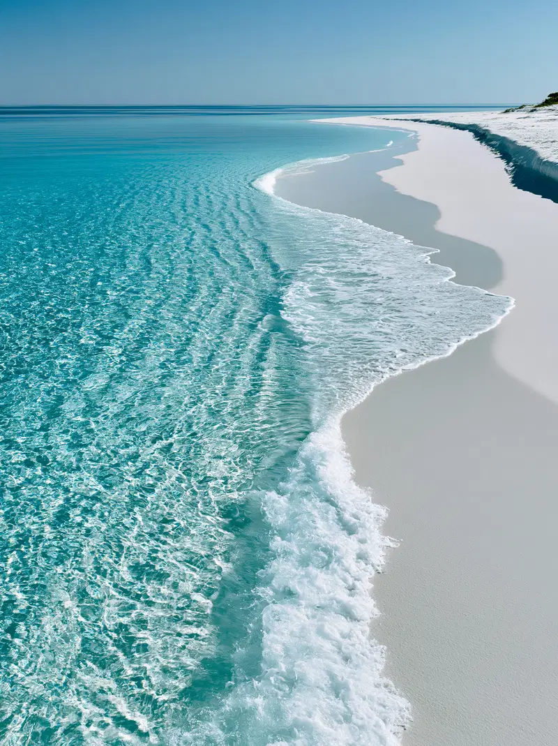 Crystal-clear turquoise ocean waves gently lapping on pristine white sandy beach