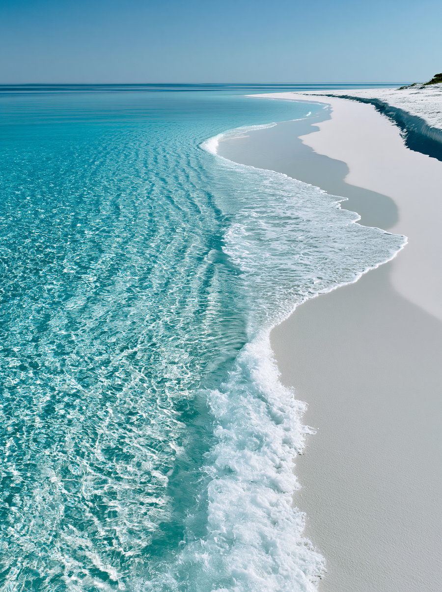 A serene beach scene with transparent turquoise ocean water and white sand shore curving into the horizon under a clear blue sky