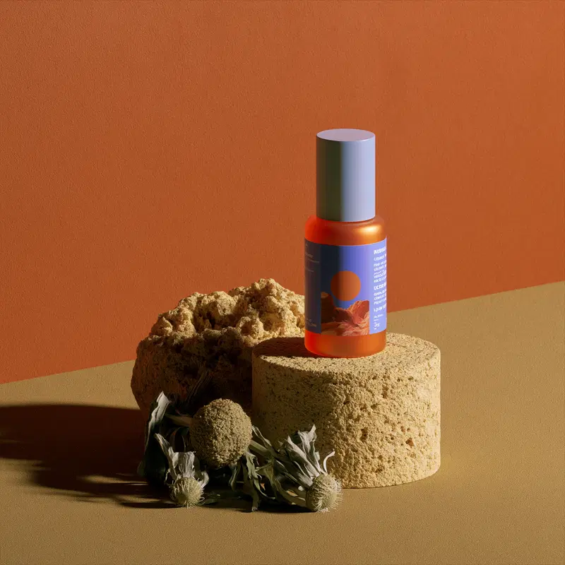 Still life composition with cosmetic bottle and natural elements on textured pedestals
