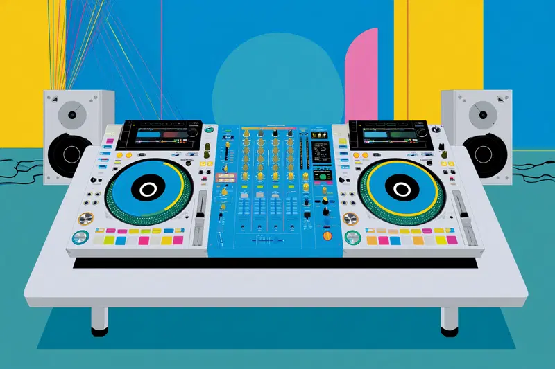 Colorful digital art of a DJ mixer with vibrant geometric background