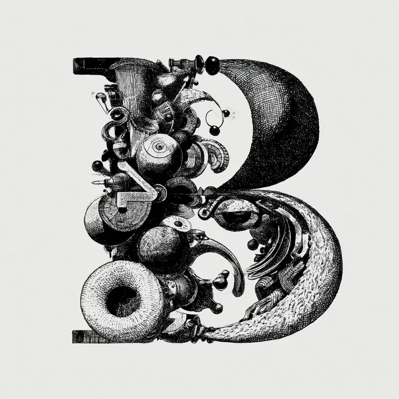 Intricate abstract black and white composition of surreal shapes and forms