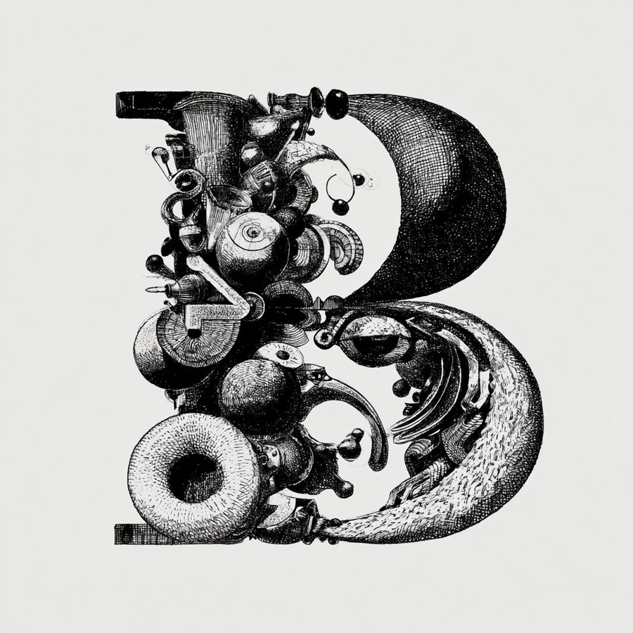 Black and white abstract illustration featuring a complex arrangement of surreal geometric and organic shapes forming a unified artistic structure.