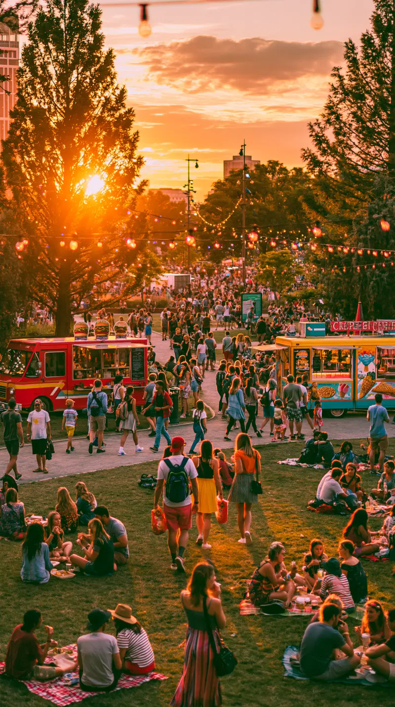 Crowded park with people enjoying a festival at golden hour