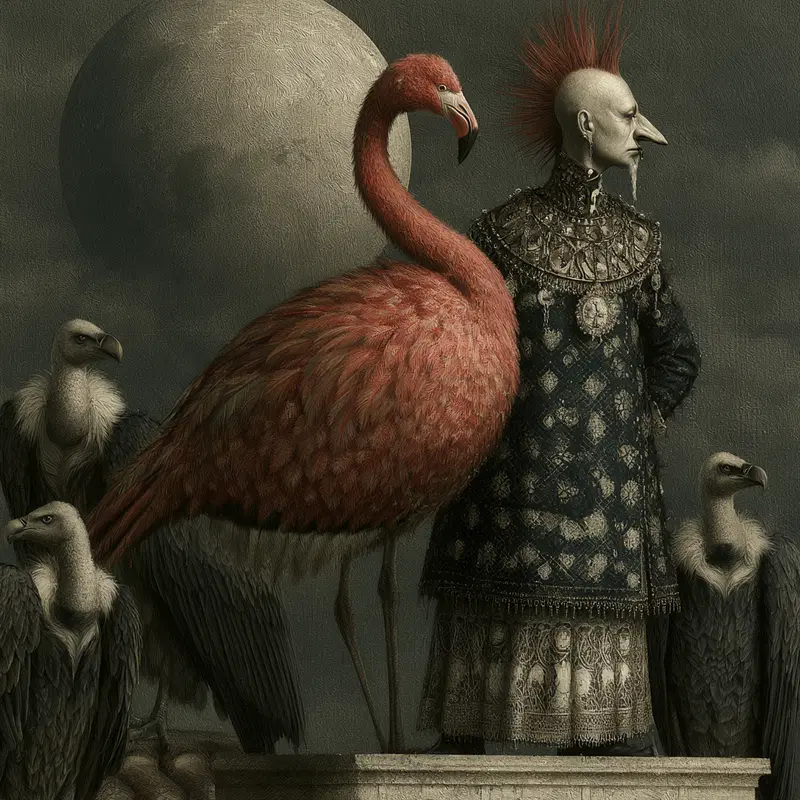 Surreal dark fantasy scene with a red flamingo and a gothic figure under a large moon