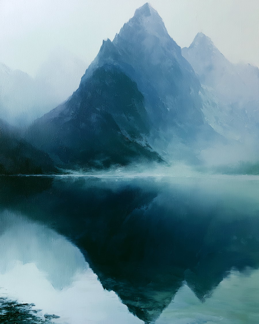 A painting of large misty mountains with sharp peaks reflected in a calm, dark blue lake, surrounded by fog and soft light