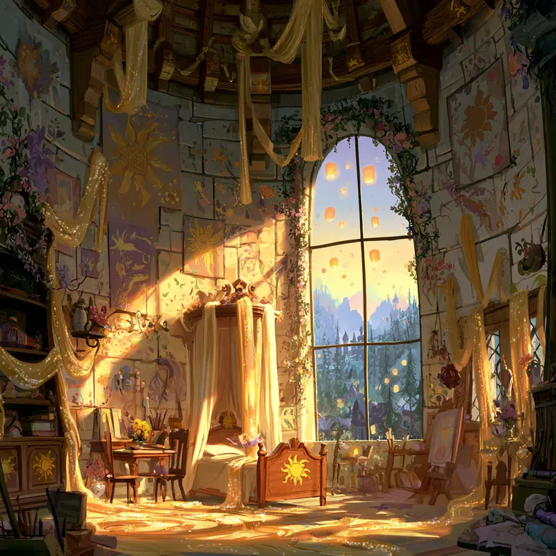 Warm and enchanting magical interior with sun motifs and glowing lanterns outside