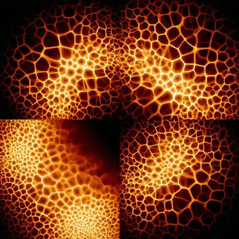 Glowing fiery honeycomb pattern with an organic fractal structure