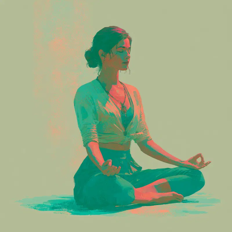 Digital illustration of a woman meditating cross-legged in a calm pose