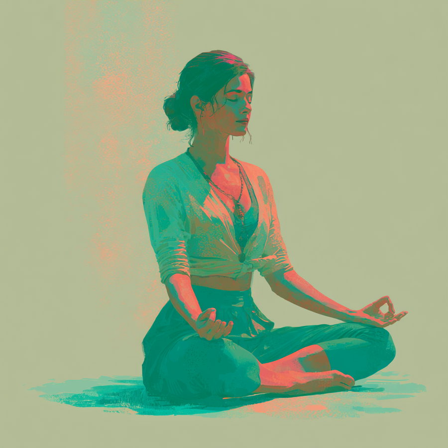 A digital painting of a woman sitting cross-legged with eyes closed and hands in a meditative mudra on a plain light green background