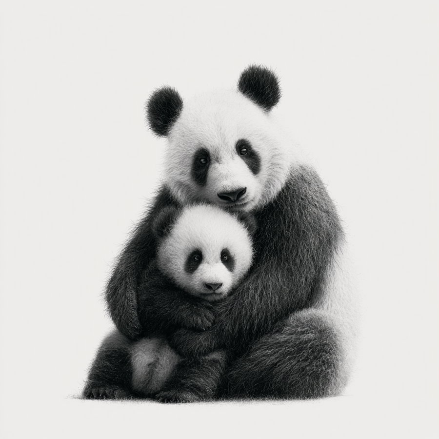 A panda mother sitting and hugging her baby panda tightly against a white background.
