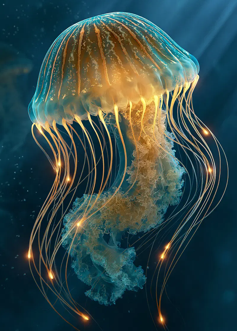 Glowing jellyfish with detailed translucent tentacles in deep ocean