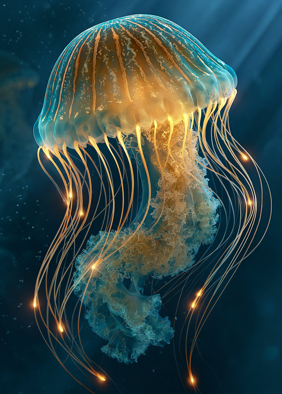 A detailed close-up image of a glowing jellyfish with translucent body and long, illuminated tentacles floating underwater