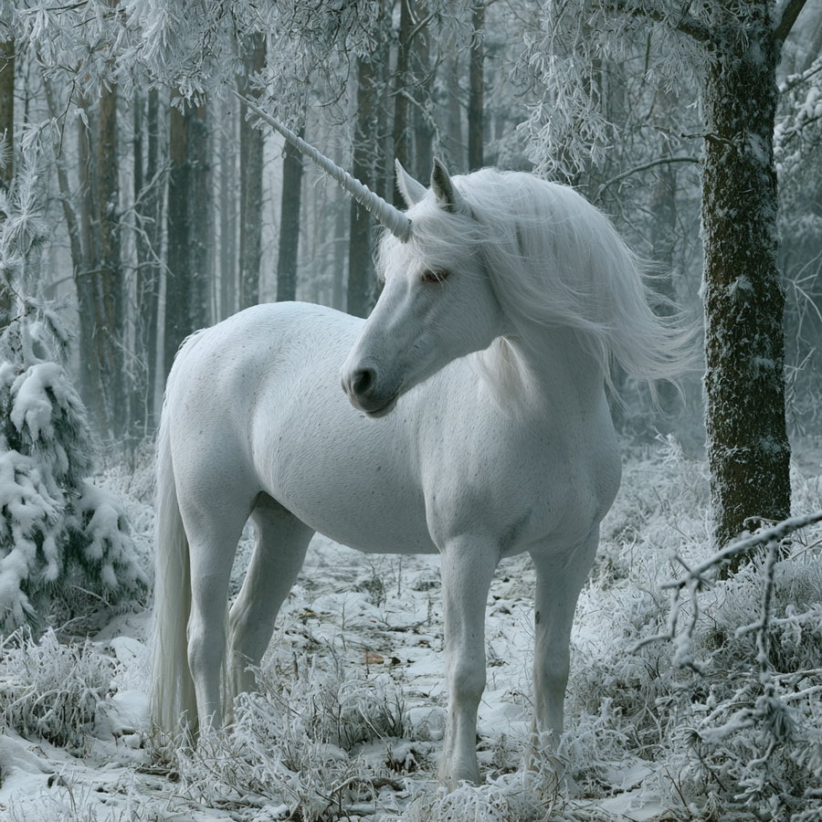 White unicorn with a long twisted horn standing on snow-covered ground in a dense forest with frost-covered trees and plants