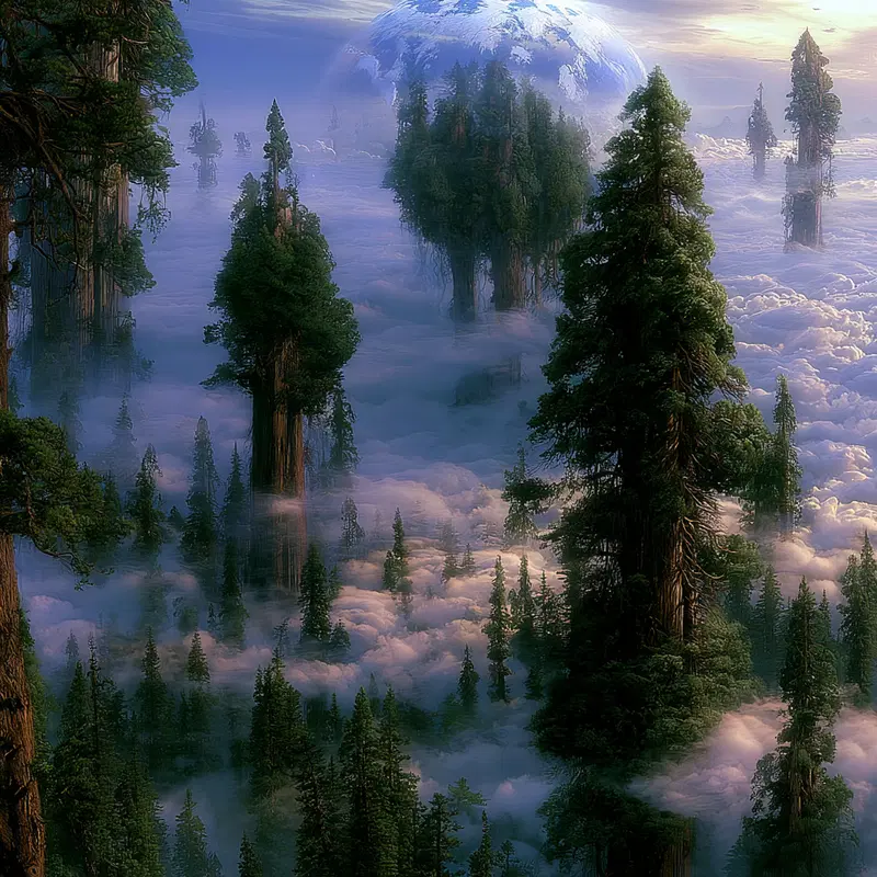 Surreal floating islands with towering trees surrounded by clouds and a giant planet in the sky