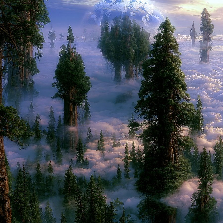 Several tall, tree-covered floating islands hovering above a dense layer of clouds with a large glowing planet in the sky background