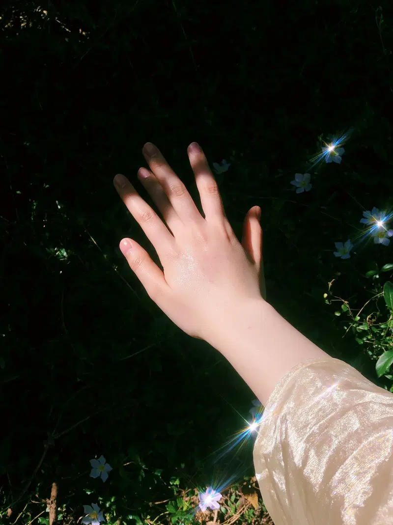 Hand reaching out over dark green foliage with sparkling light effects