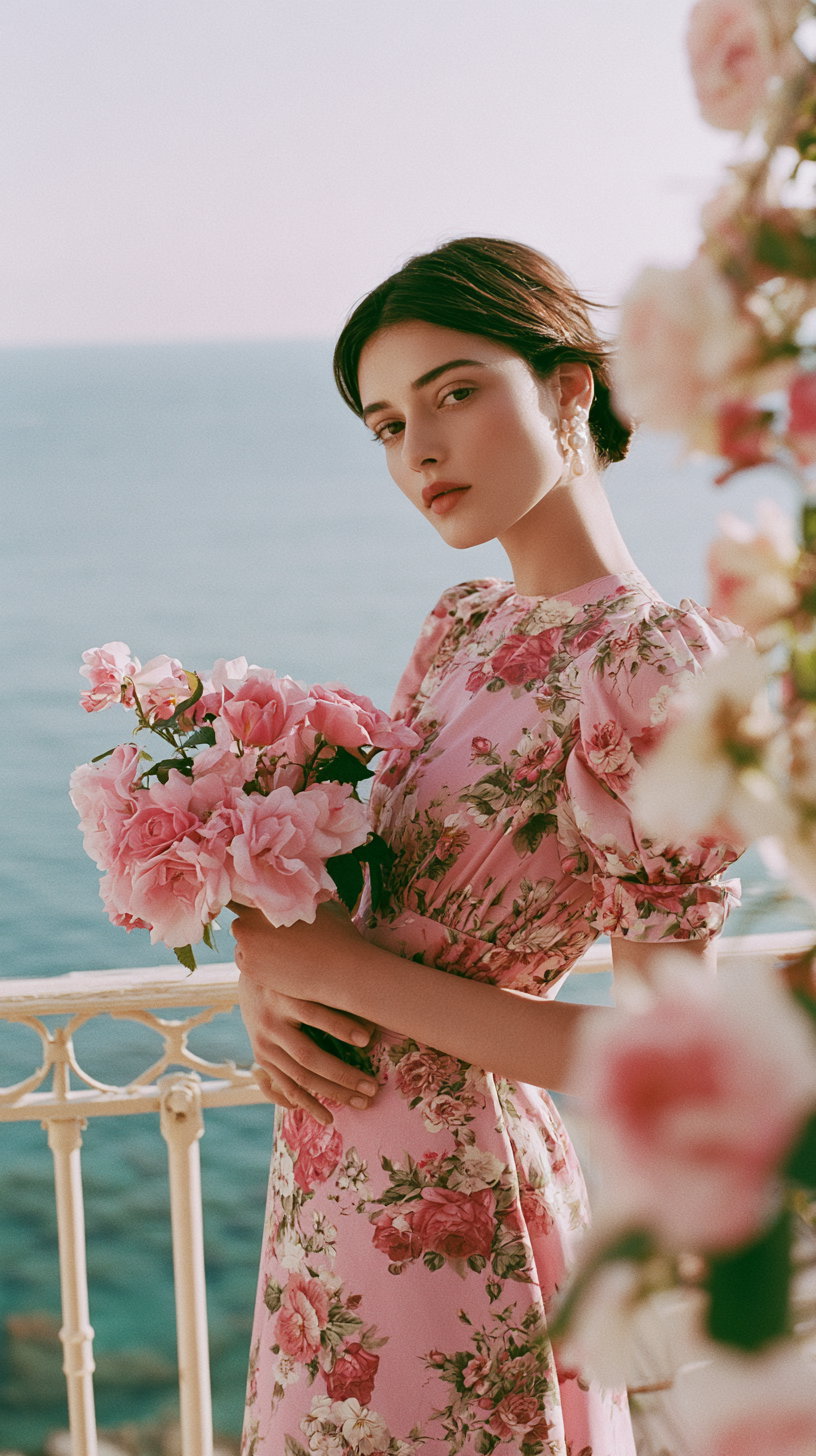 A woman with short dark hair wearing a pink floral dress, holding a bouquet of pink roses, standing on a balcony overlooking the sea with blurred flower branches in the foreground.