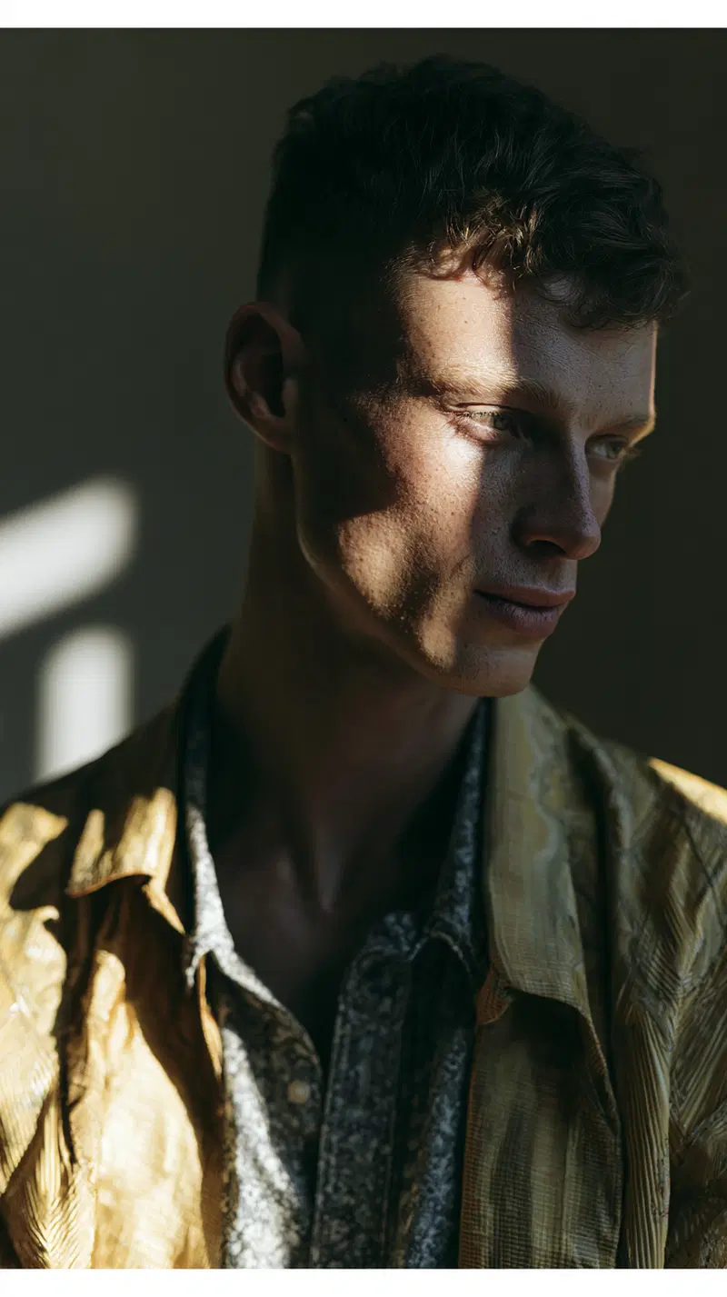 Portrait of a man with textured clothing illuminated by dramatic natural light