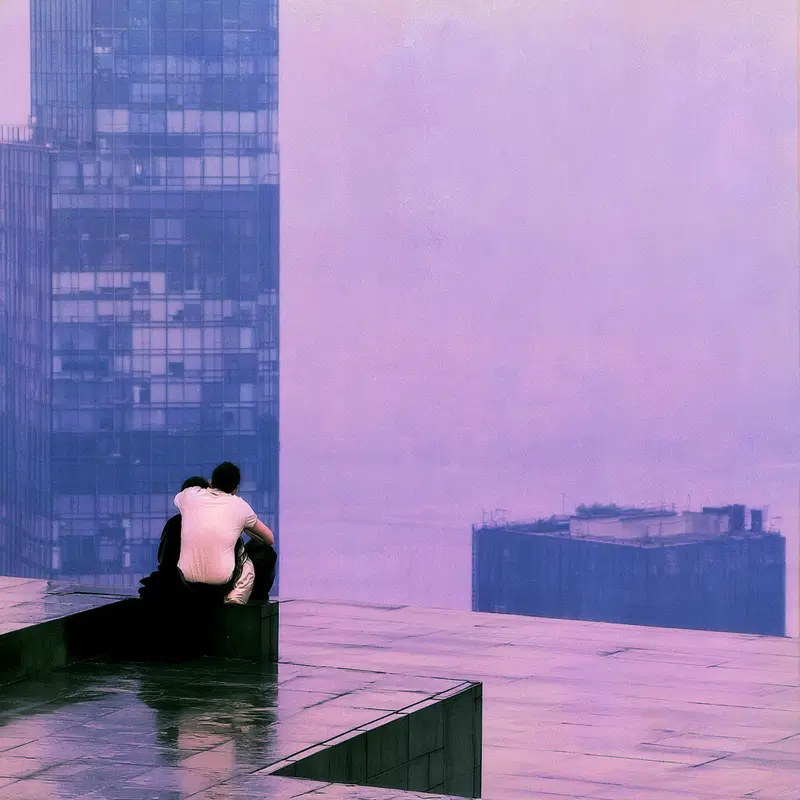 Couple sitting together on rooftop overlooking foggy cityscape with tall buildings