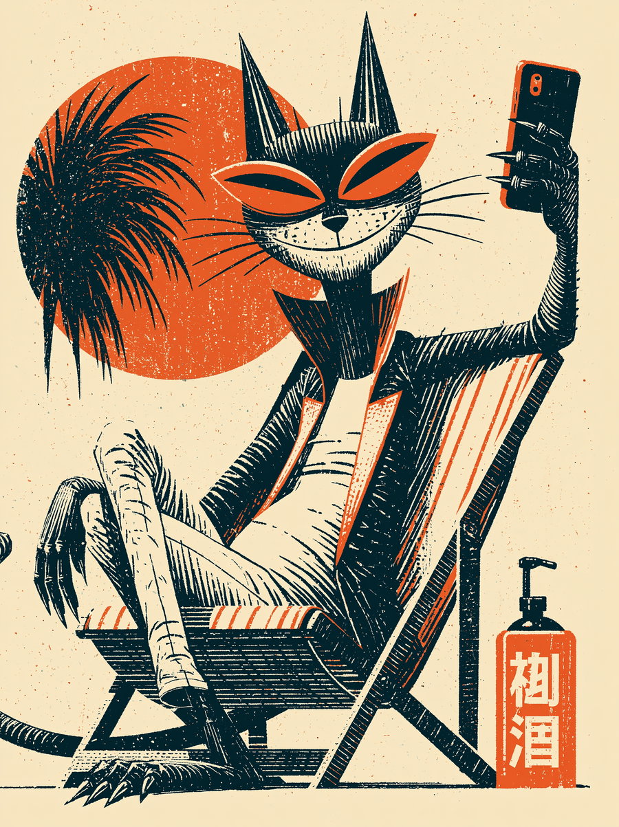 Illustration of a black and white anthropomorphic cat with sharp claws, sitting on a folding chair. The cat wears sunglasses and is taking a selfie with an orange phone, with a large orange sun and a palm tree in the background. There is a bottle with Asian characters next to the chair.