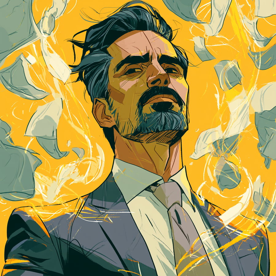 Illustration of a man with dark hair and beard wearing a suit and tie, surrounded by floating papers against a bright yellow background