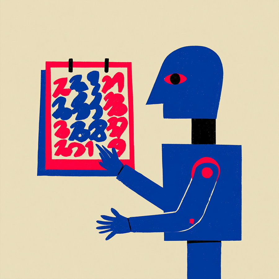 A digital illustration showing a blue humanoid figure with geometric shapes and red accents, pointing at a red and blue calendar on a beige background
