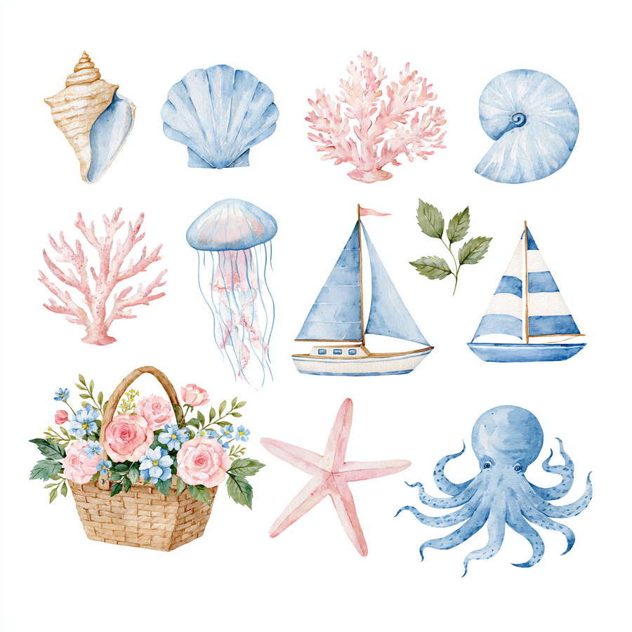 Watercolor images including seashells, pink coral, jellyfish, two sailboats, green leaves, basket with flowers, pink starfish, and a blue octopus on a white background