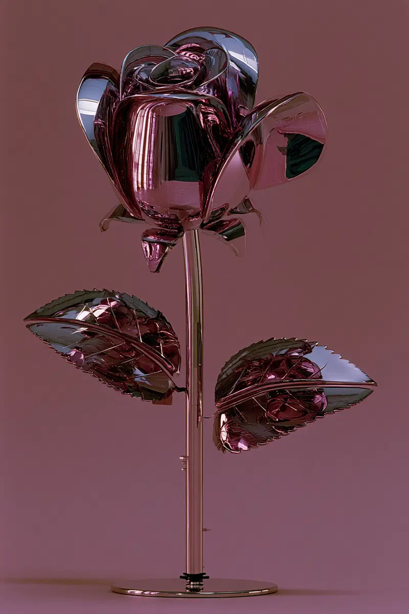 Shiny metallic rose sculpture with reflective petals and leaves on a stand