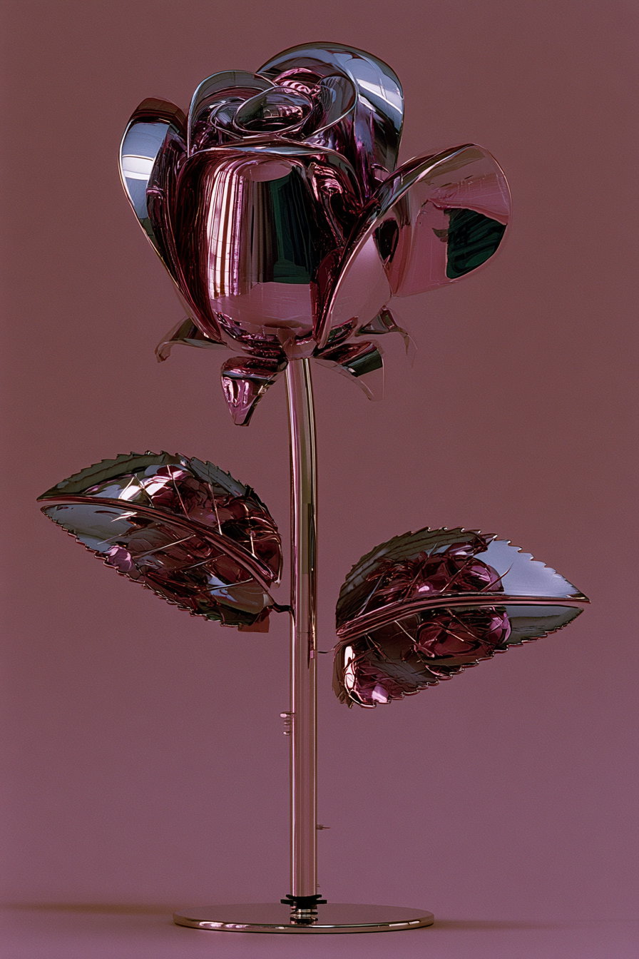 Metallic rose sculpture with reflective petals and leaves positioned on a round base against a plain background