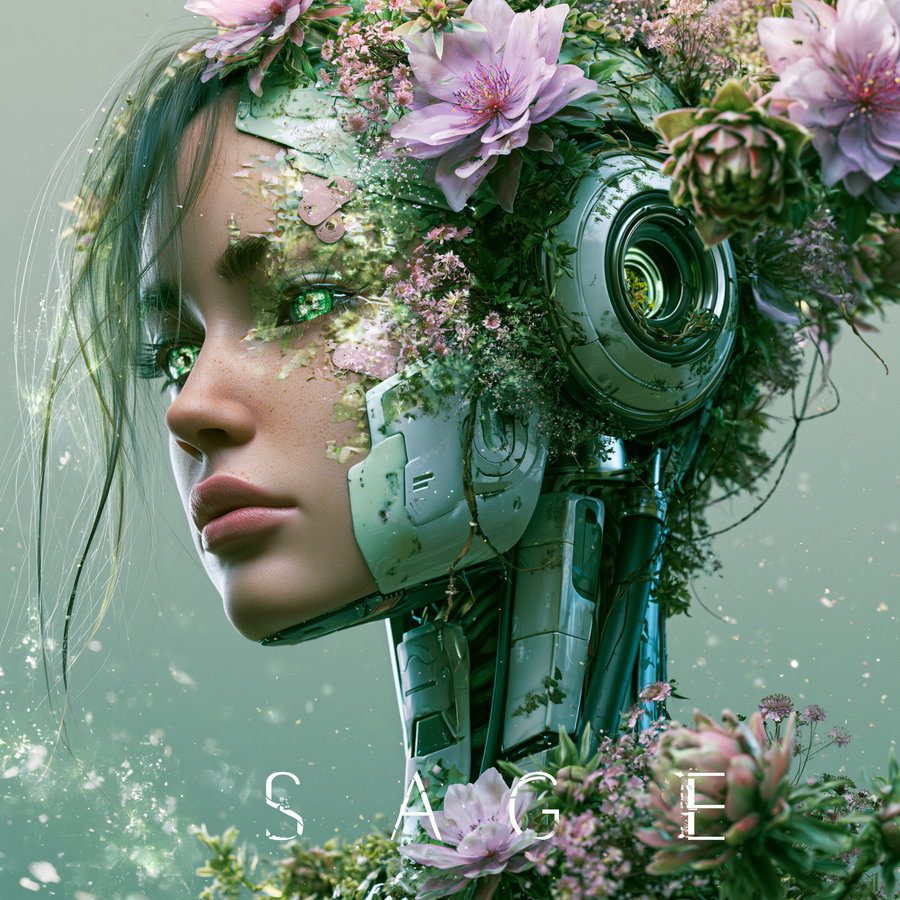 Portrait of a female cyborg with mechanical components on her head and neck, covered with green leaves and pink flowers, set against a green background