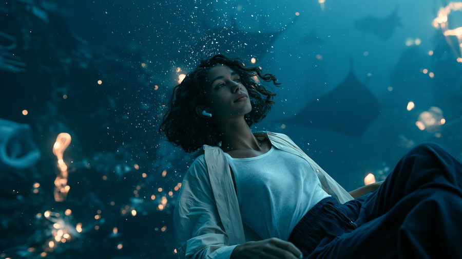 A young woman with curly hair wearing a white shirt and earbuds is submerged underwater surrounded by glowing, floating particles and abstract shapes in a blue ambiance.