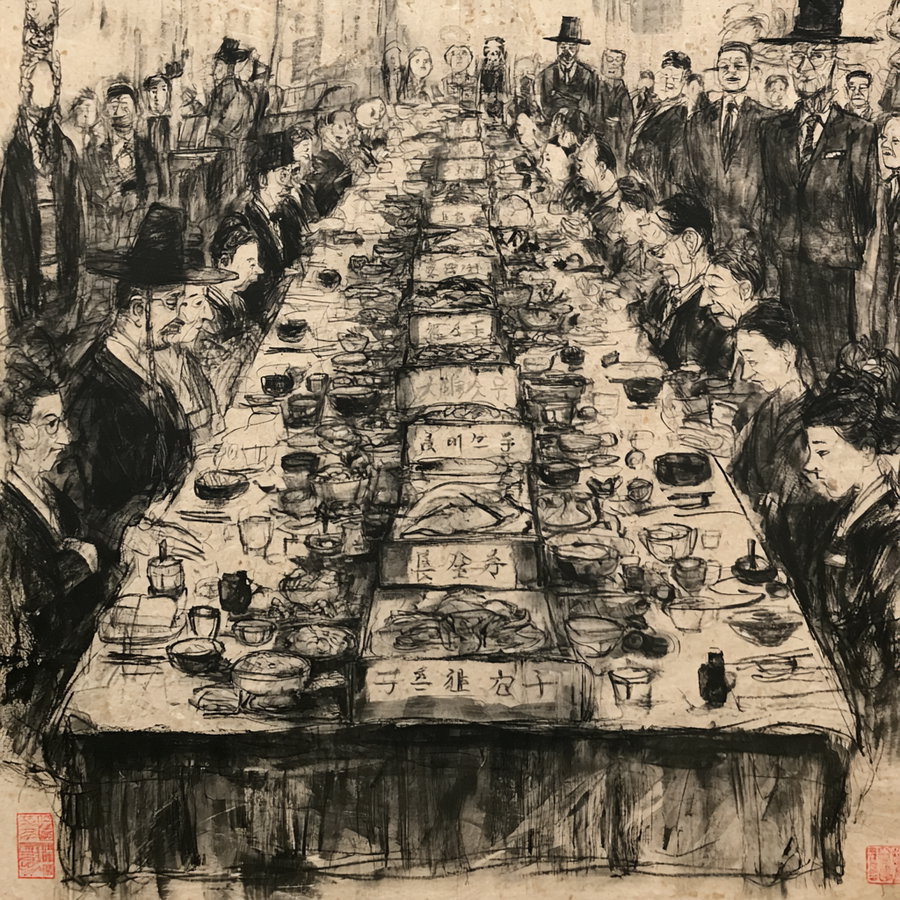 Black and white drawing featuring a large group of people gathered around a long dining table set with numerous dishes and bowls, showing formal attire and attentive postures