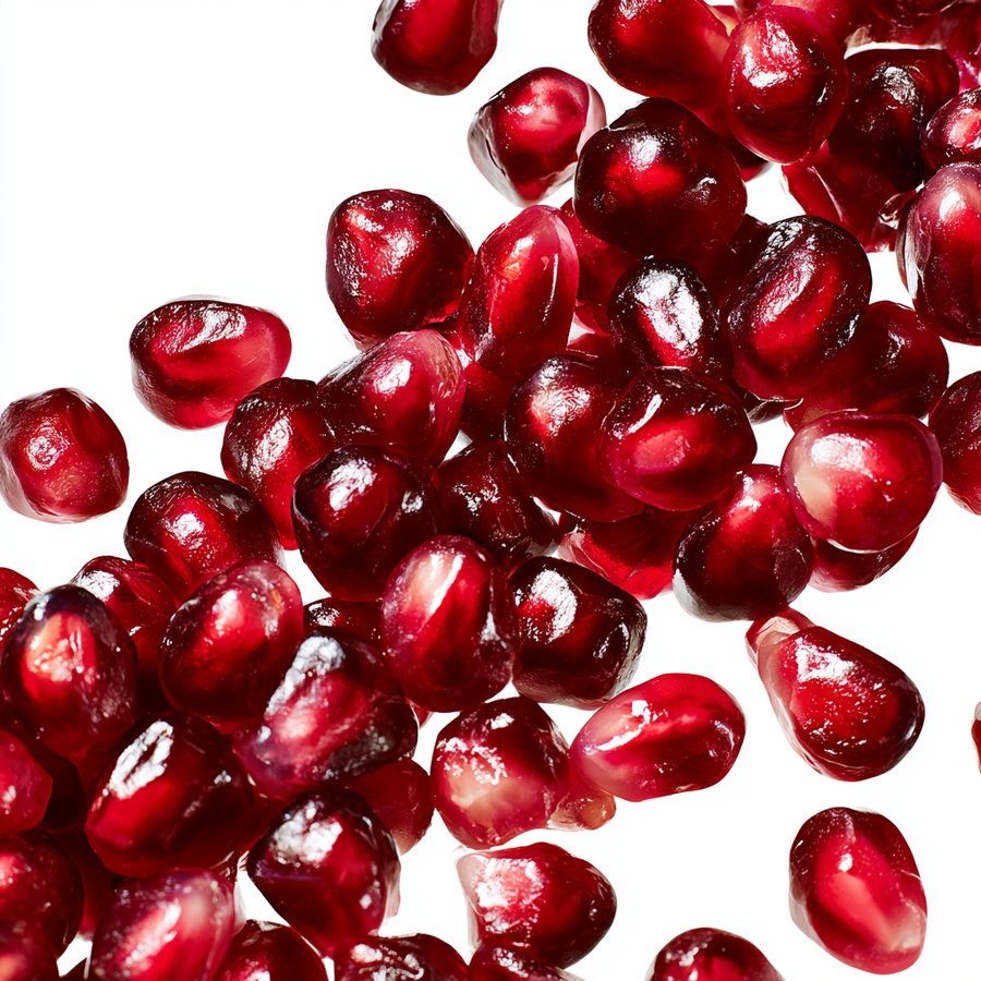 A cluster of glossy, deep red pomegranate seeds on a white background