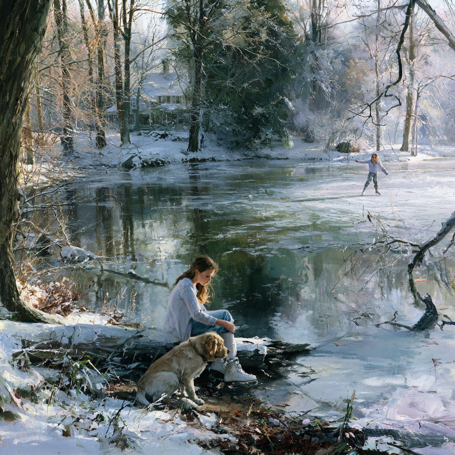 A snowy winter scene showing a young woman sitting on a snow-covered log beside a dog near the edge of a partially frozen pond. In the background, another person is ice skating on the pond surrounded by leafless trees and a house in the distance.