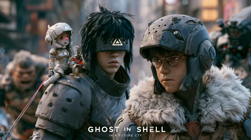 Futuristic soldiers and a robotic companion in a cyberpunk city scene