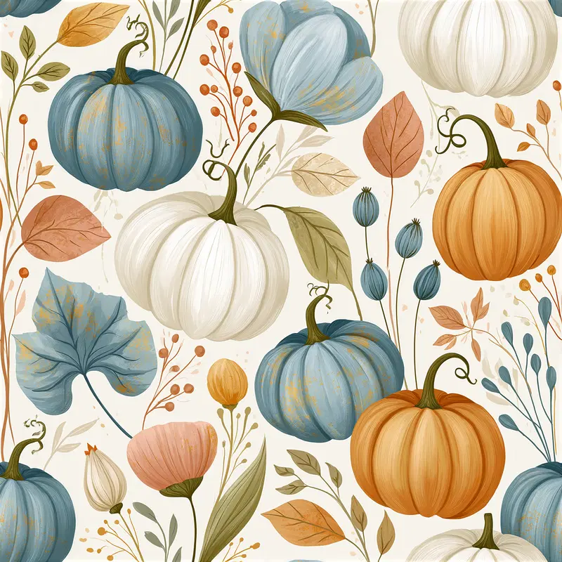 Illustration of colorful pumpkins and detailed botanical elements