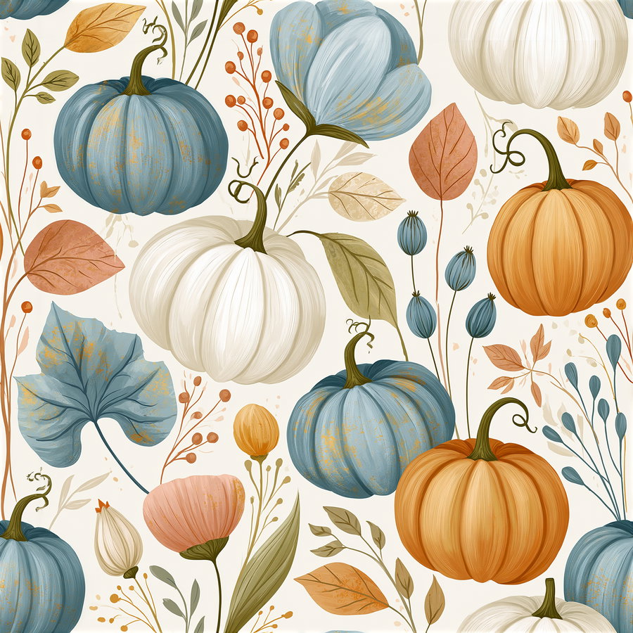Pattern featuring blue, white, and orange pumpkins amidst various leaves, flowers, and seed pods on a light background.