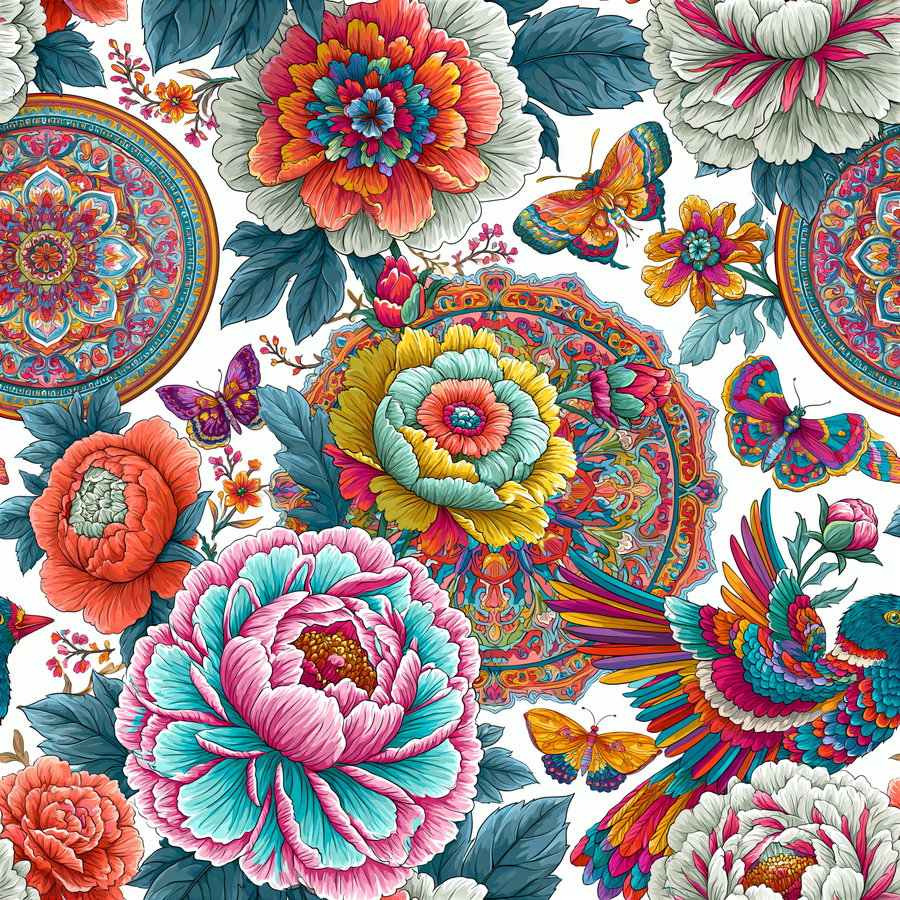 Illustration of large colorful flowers, detailed leaves, vibrant butterflies, patterned circular motifs, and a colorful bird on a white background
