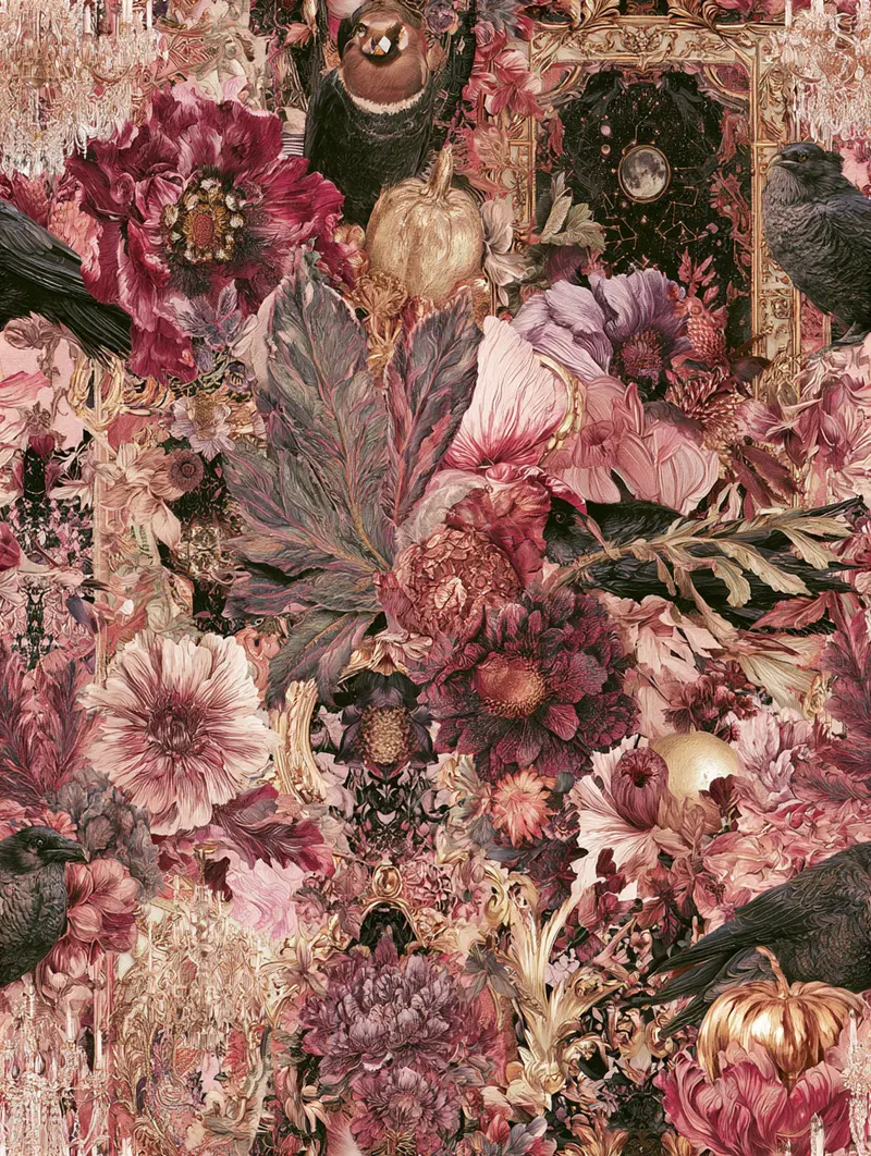 Intricately detailed collage of flowers, birds, golden objects, and chandeliers in warm tones