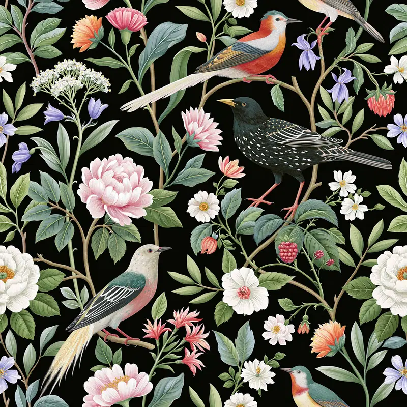 Intricate digital illustration of colorful birds among lush flowers