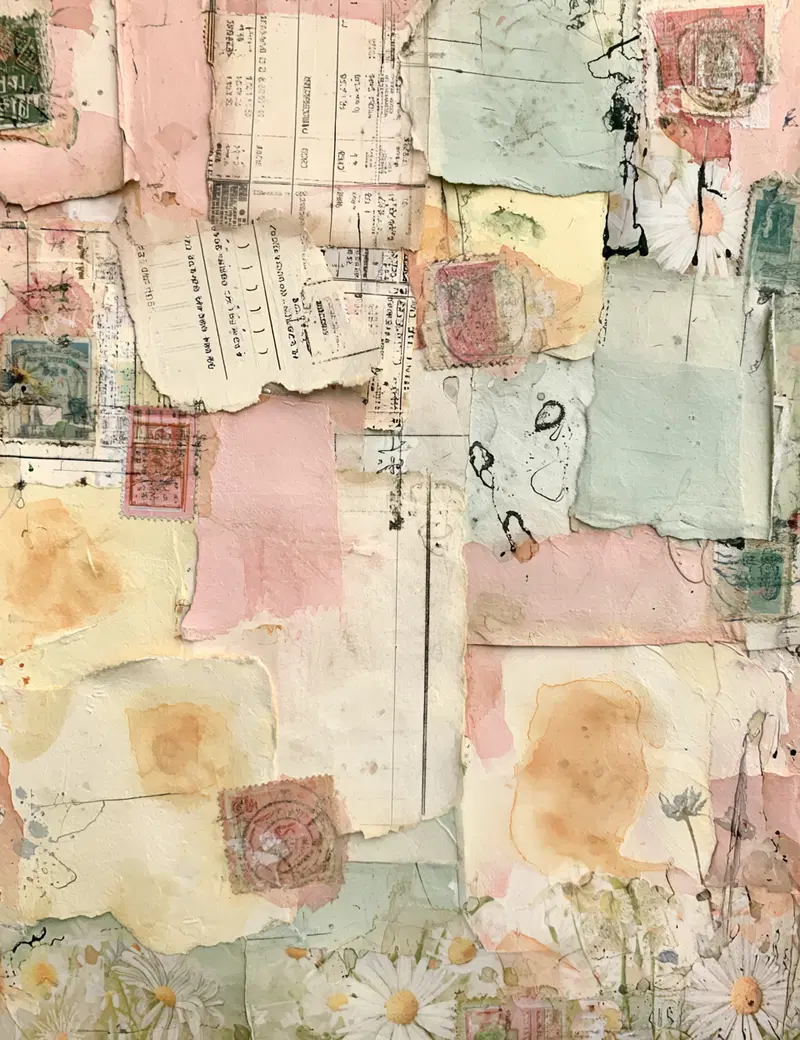Vintage papers and stamps in a delicate pastel collage artwork