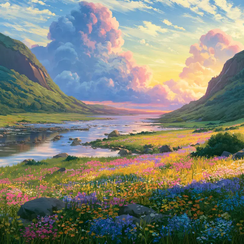 Vibrant flower-filled valley by a serene river at sunset