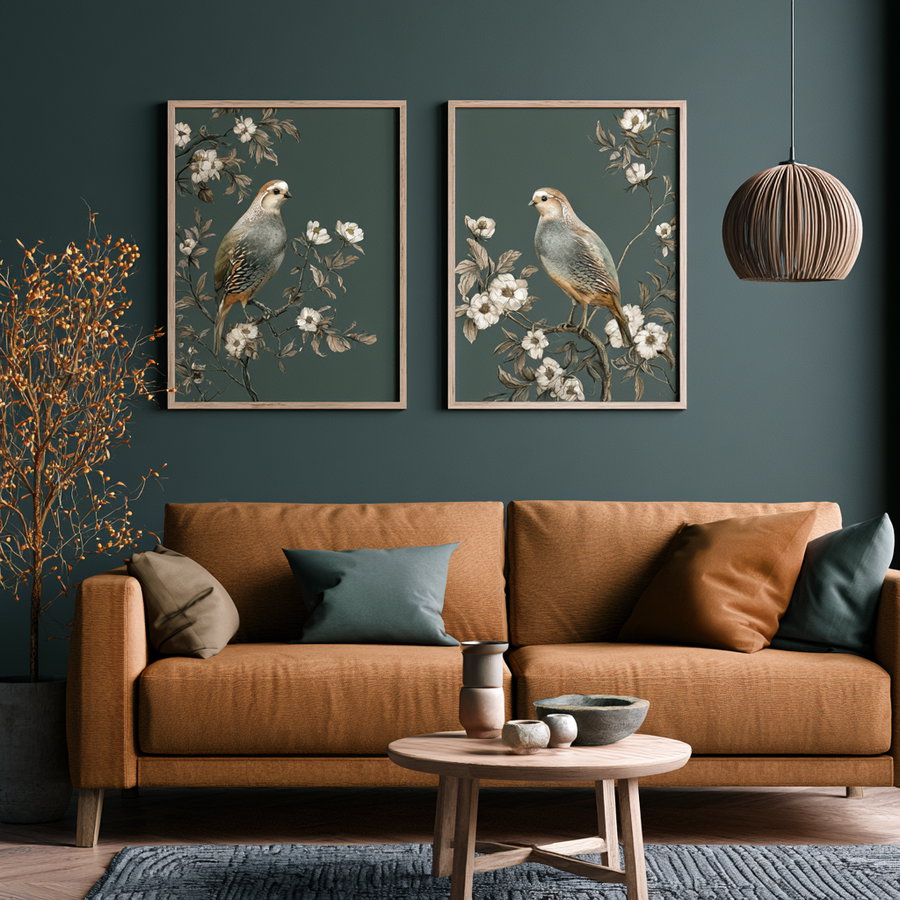 Living room interior with a brown sofa, several cushions, a round wooden coffee table with pottery, two framed bird and flower artworks on a green wall, a pendant lamp, and an orange berry plant in a pot