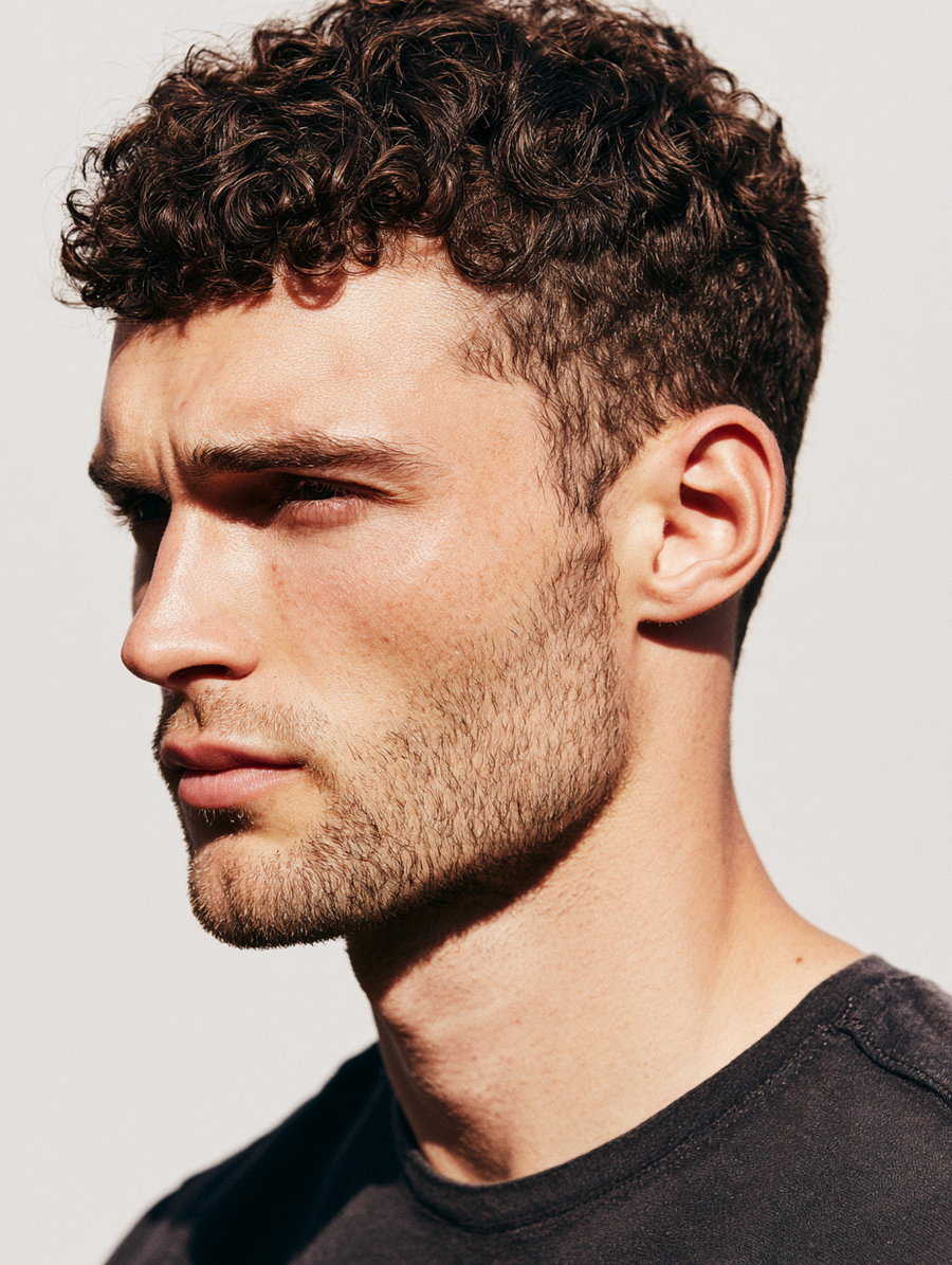 Close-up profile of a young man with curly brown hair, short beard, and wearing a black t-shirt, against a plain light background