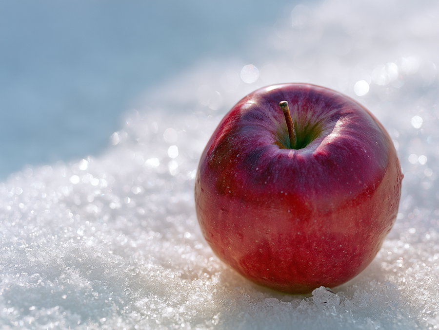 Close-up of a red apple on a frosty white textured surface with soft natural light