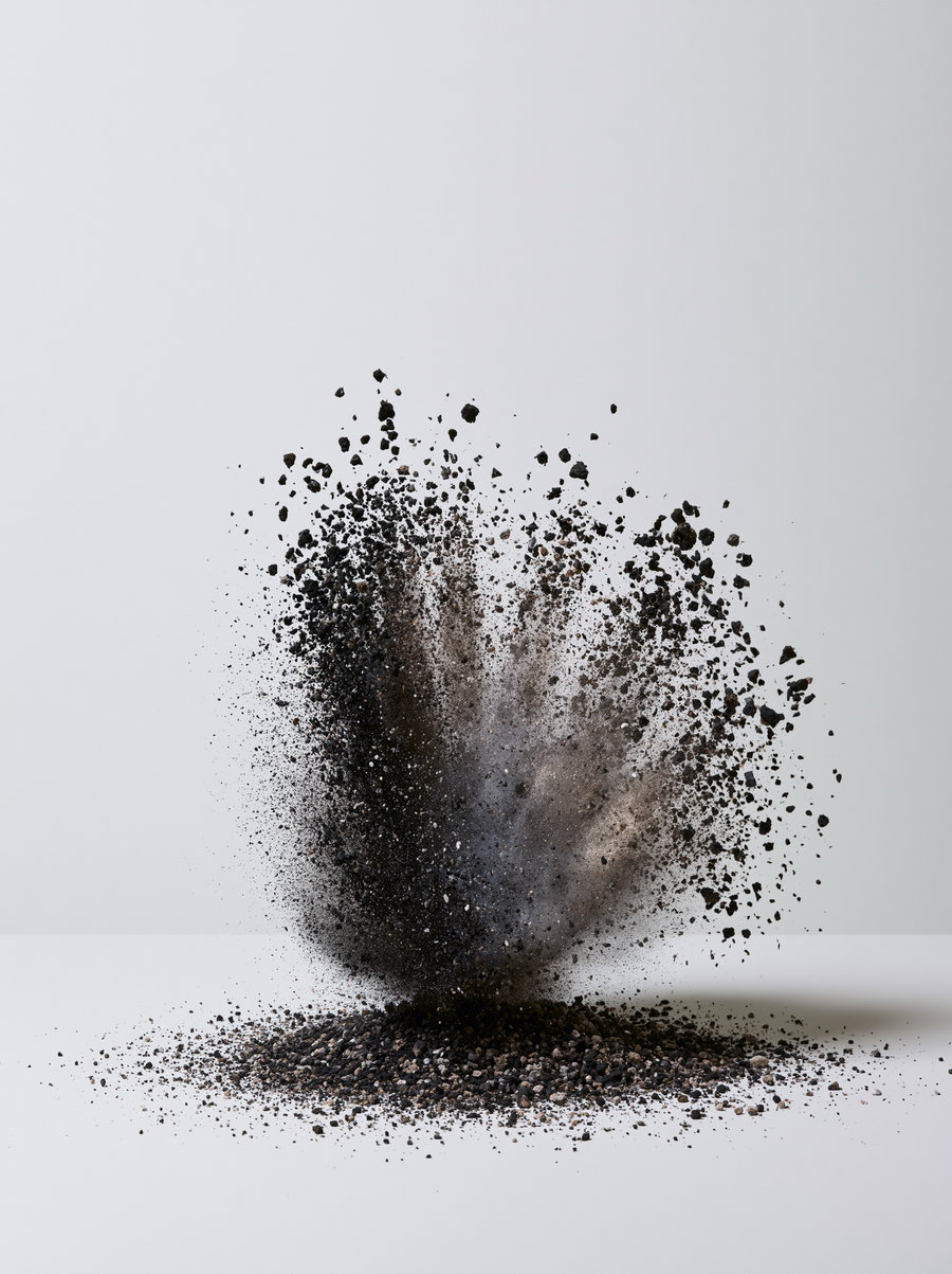 A high-speed photograph of dark soil or dirt particles scattered and suspended in the air over a white surface with a plain light grey background.