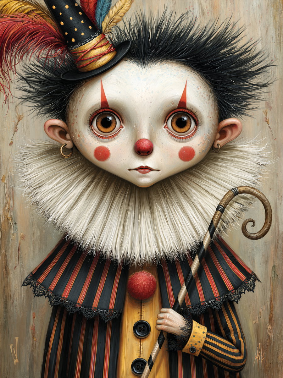 portrait of a doll-like figure dressed as a clown with large brown eyes, face paint, red nose, striped costume, ruffled collar, feathered mini top hat, and holding a striped cane