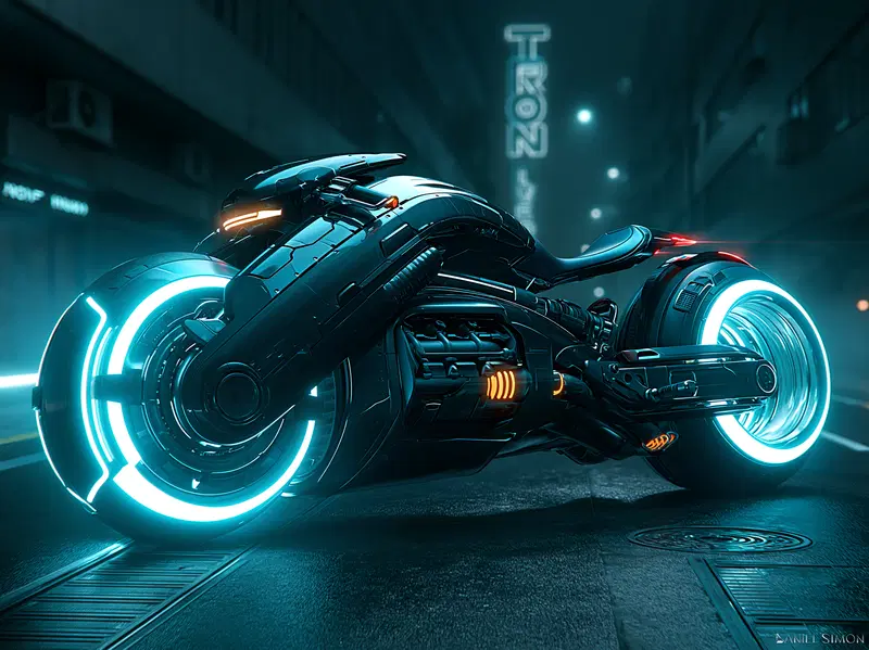 Futuristic neon-lit motorcycle in a dark sci-fi city street