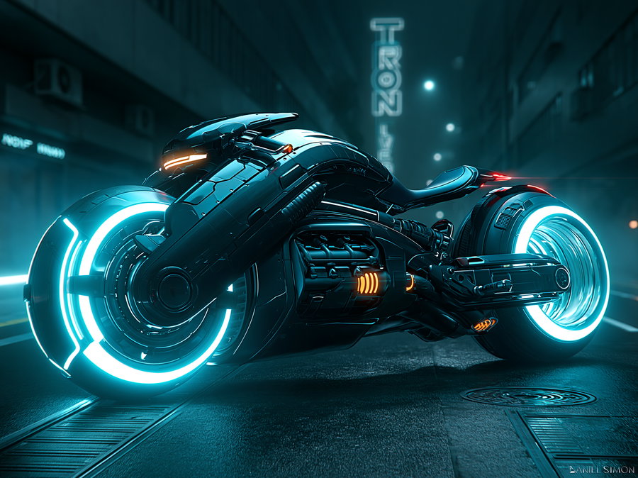 A sleek futuristic motorcycle with glowing blue tires and orange lights parked on a wet street surrounded by dark urban buildings with neon signage.